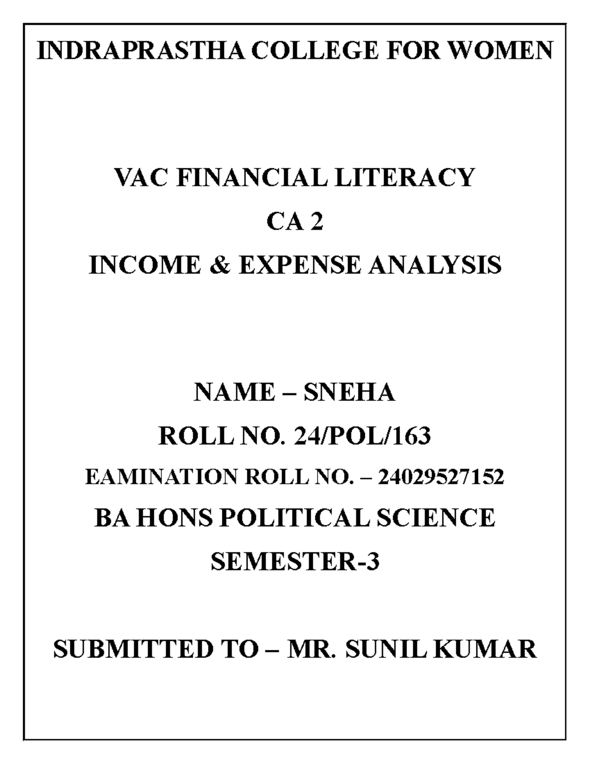 VAC CA 2 Financial Literacy: Monthly Income & Expense Analysis - Studocu