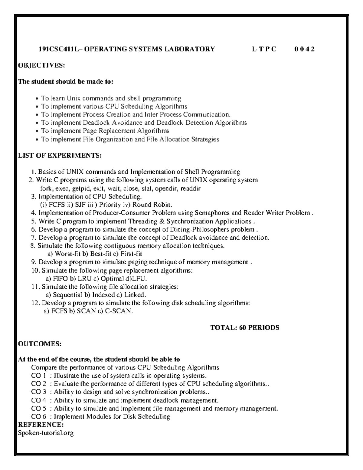 Operating Systems Lab Manual LTPC 0042: Unix Commands & Scheduling ...