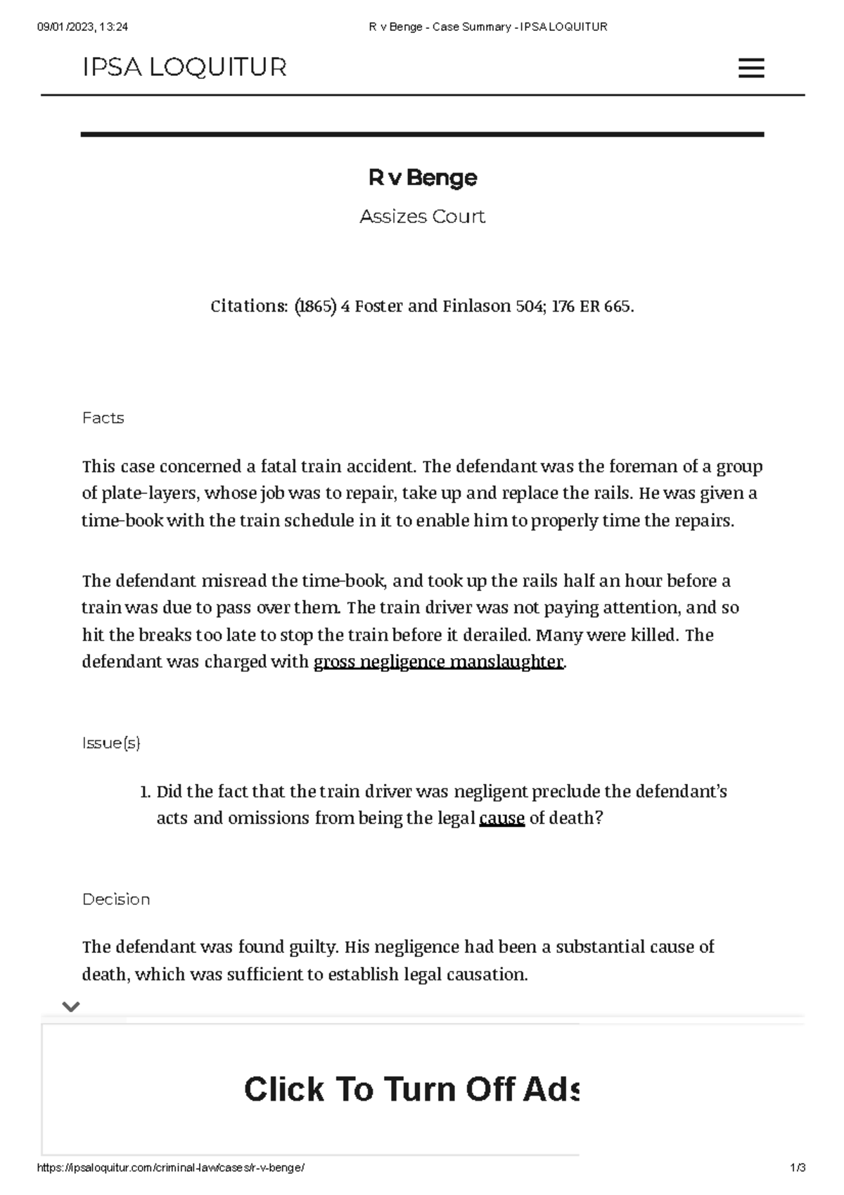 R v Benge (1865) - Case Summary on Gross Negligence Manslaughter - Studocu
