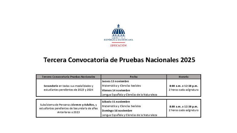 Orden y horario de aplicaciòn de las Pruebas Nacionales en su 3ra ...
