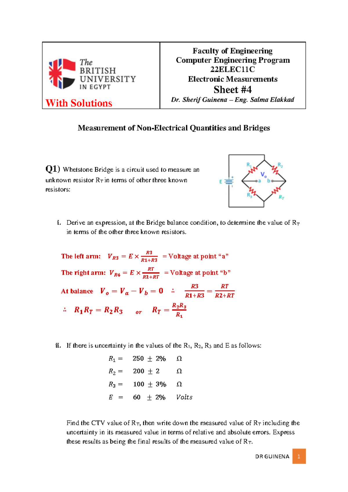 Sheet #4 With Solutions - With Solutions Faculty of Engineering ...