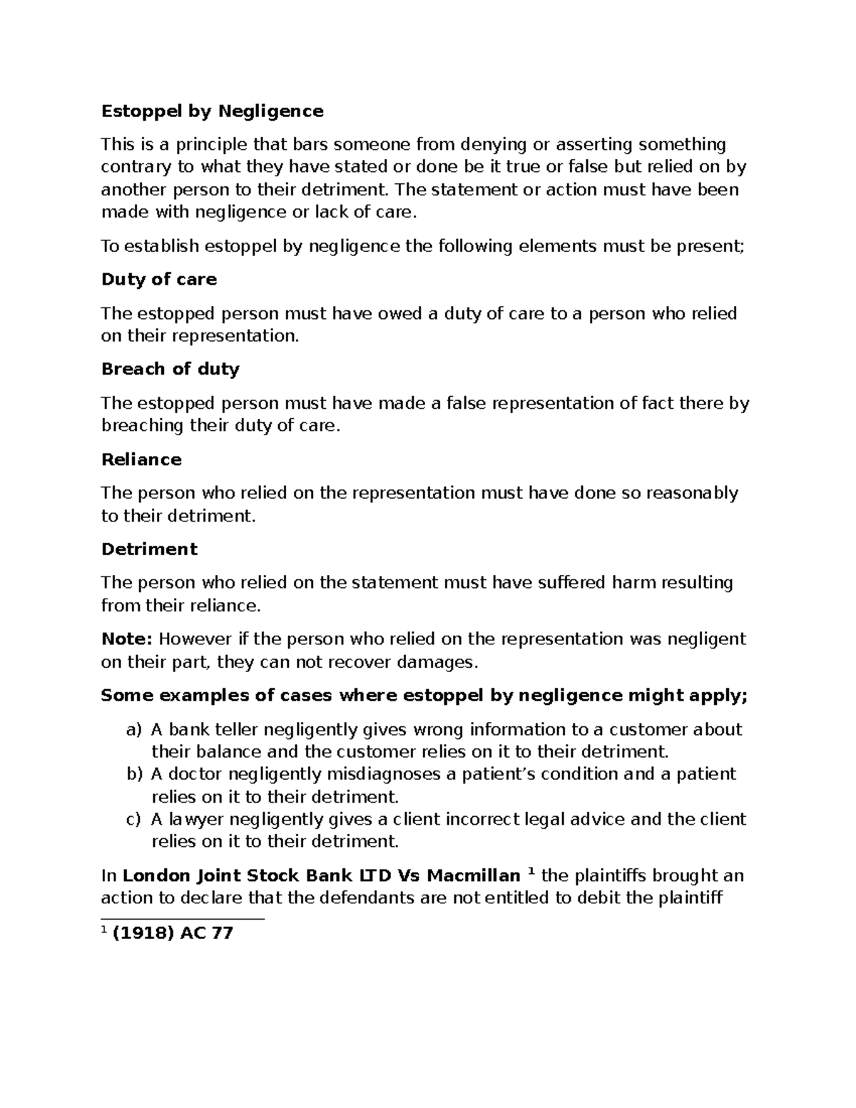 Estoppel by Negligence - Law Lecture Notes (Course Code: LAW 101) - Studocu