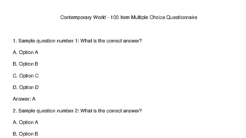 TCW 100 Item Multiple Choice Questionnaire 1 - Studocu