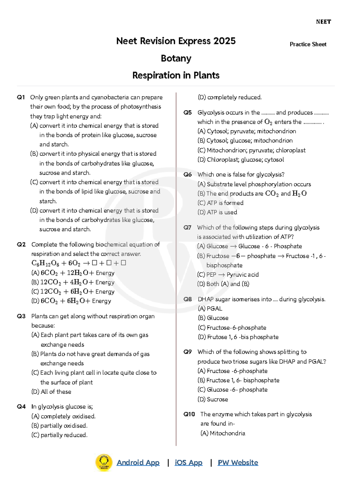 NEET 2025 Botany Practice Sheet: Respiration in Plants - Studocu