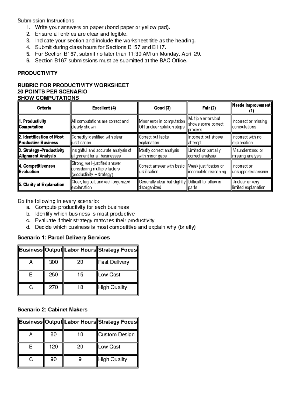 Submission Instructions for Productivity Worksheet (Sections B157, B117 ...