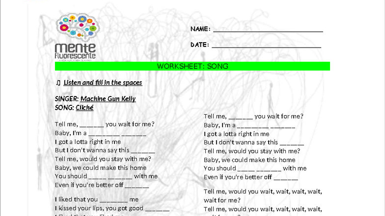 Worksheet: Song Lyrics Analysis - Machine Gun Kelly (Cliché) - Studocu