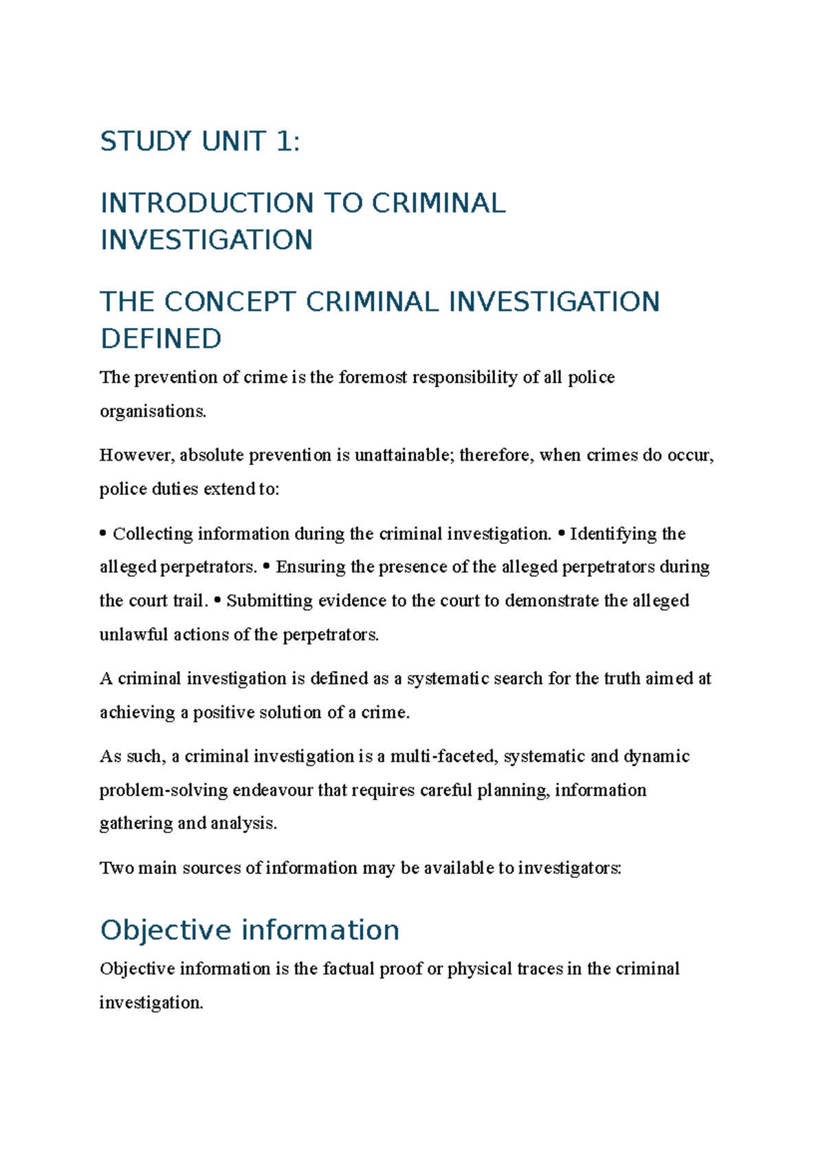 Study Unit 1: Intro to Criminal Investigation - Semester Test Prep ...