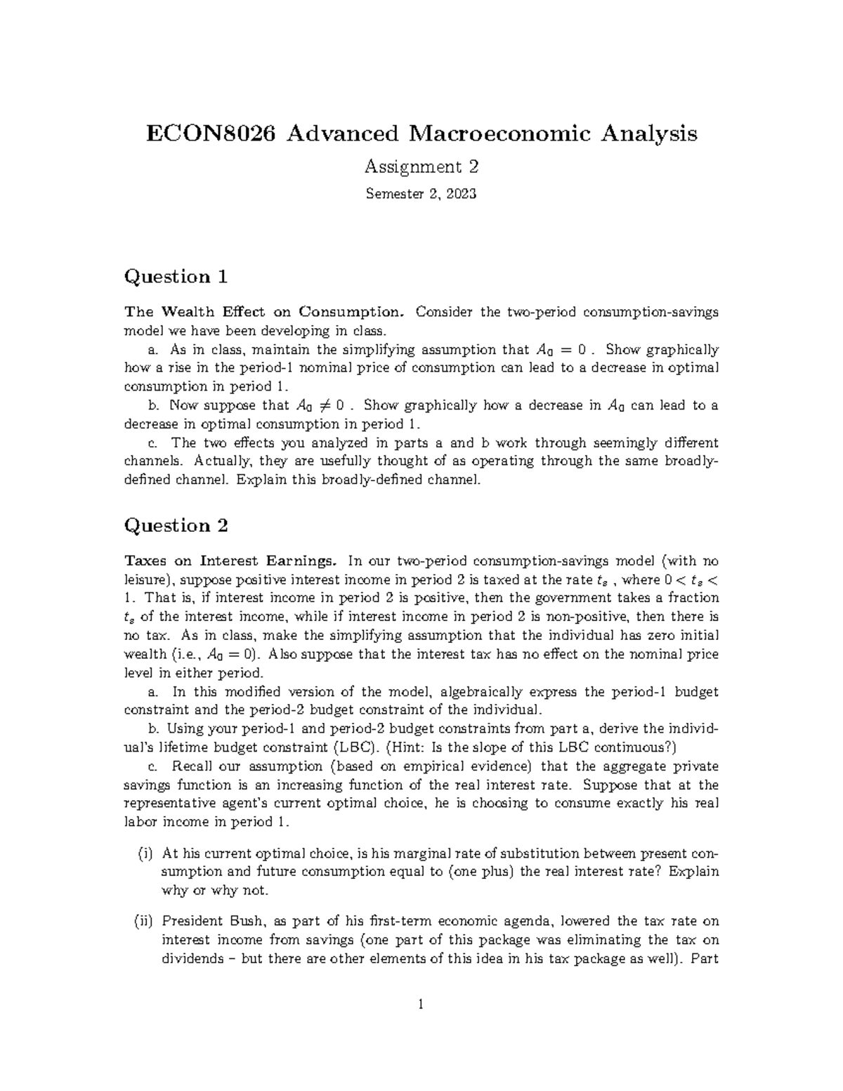 ECON8026 Advanced Macroeconomic Analysis Assignment 2: Wealth Effect ...