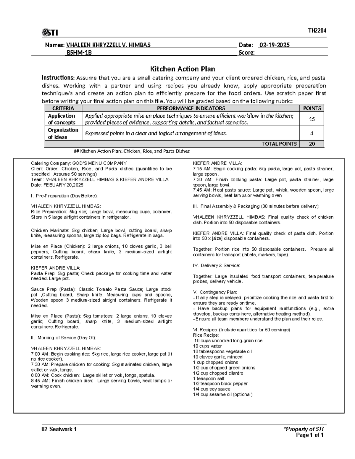kitchen ess seatwork - 02 Seatwork 1 *Property of STI Page 1 of 1 TH 02 ...