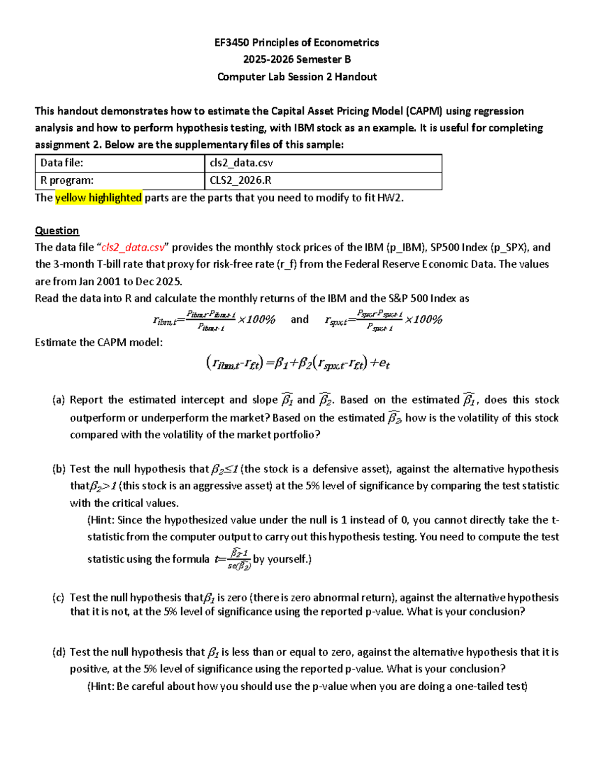 EF3450 Econometrics Lab Session 2: CAPM Estimation & Hypothesis Testing ...
