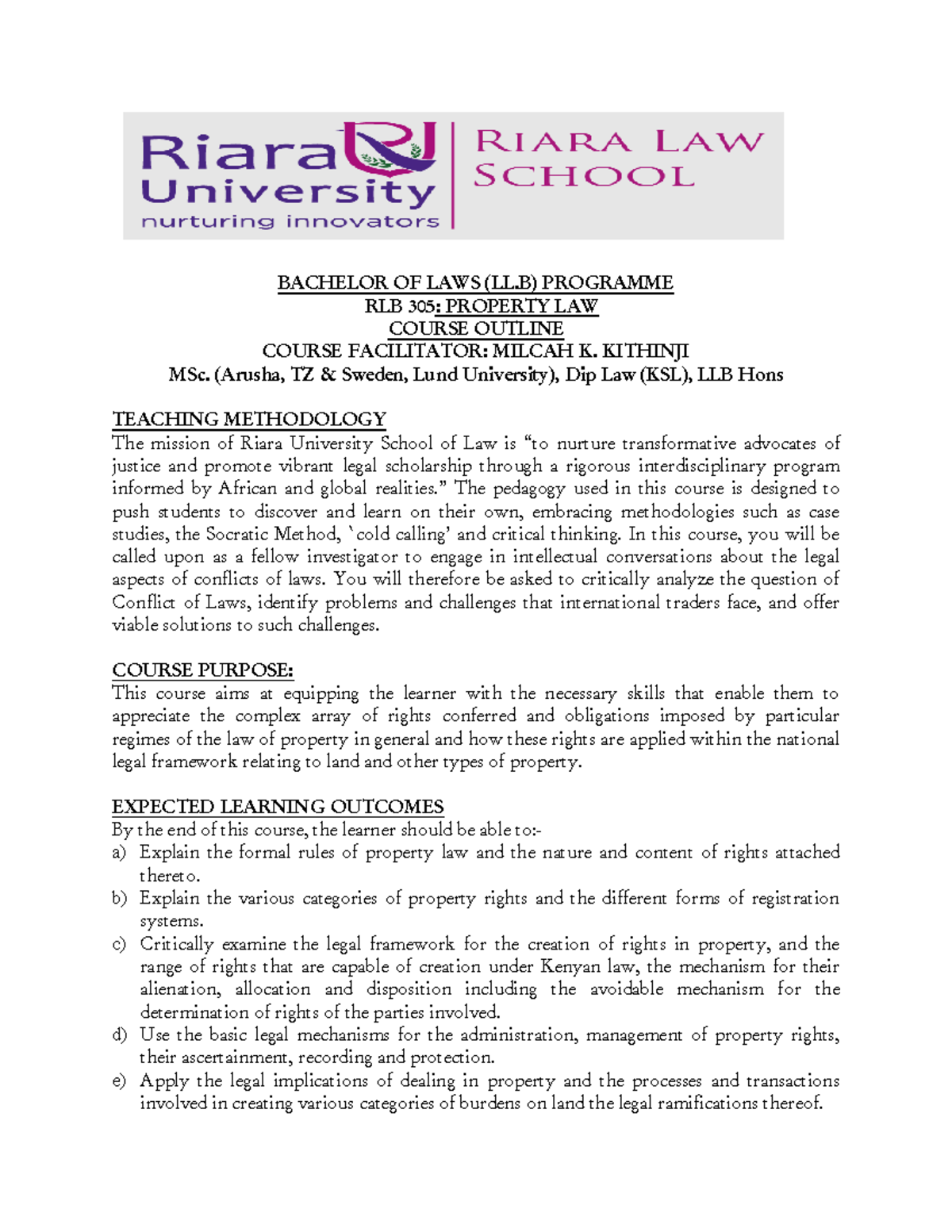 Bachelor of Laws (LL.B) RLB 305: Property Law Course Outline 2025 - Studocu