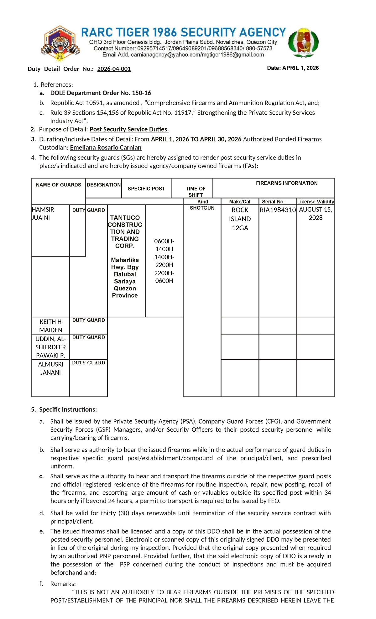 Duty Detail Order No. 1: Security Service April 1-30, 2026 - Studocu