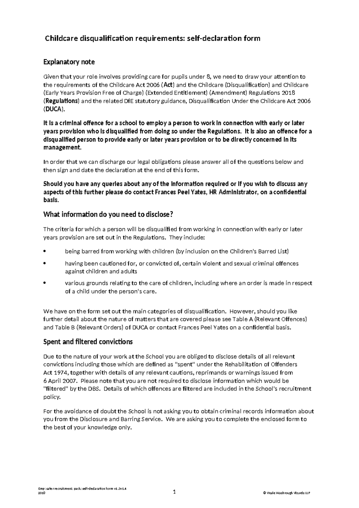 Childcare disqualification self-declaration form: Emp safer recruitment ...