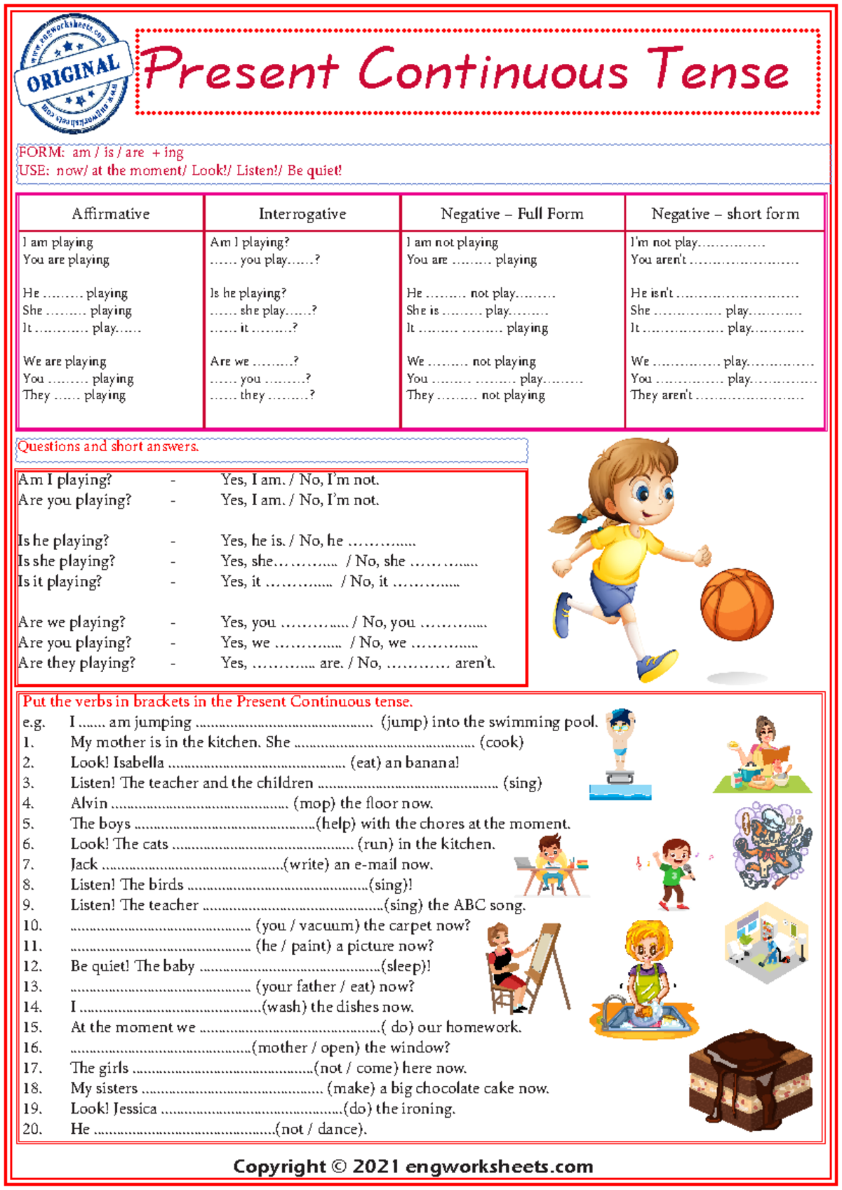Present Continuous Tense ESL Exercises Worksheet 1 - Copyright © 2021 ...
