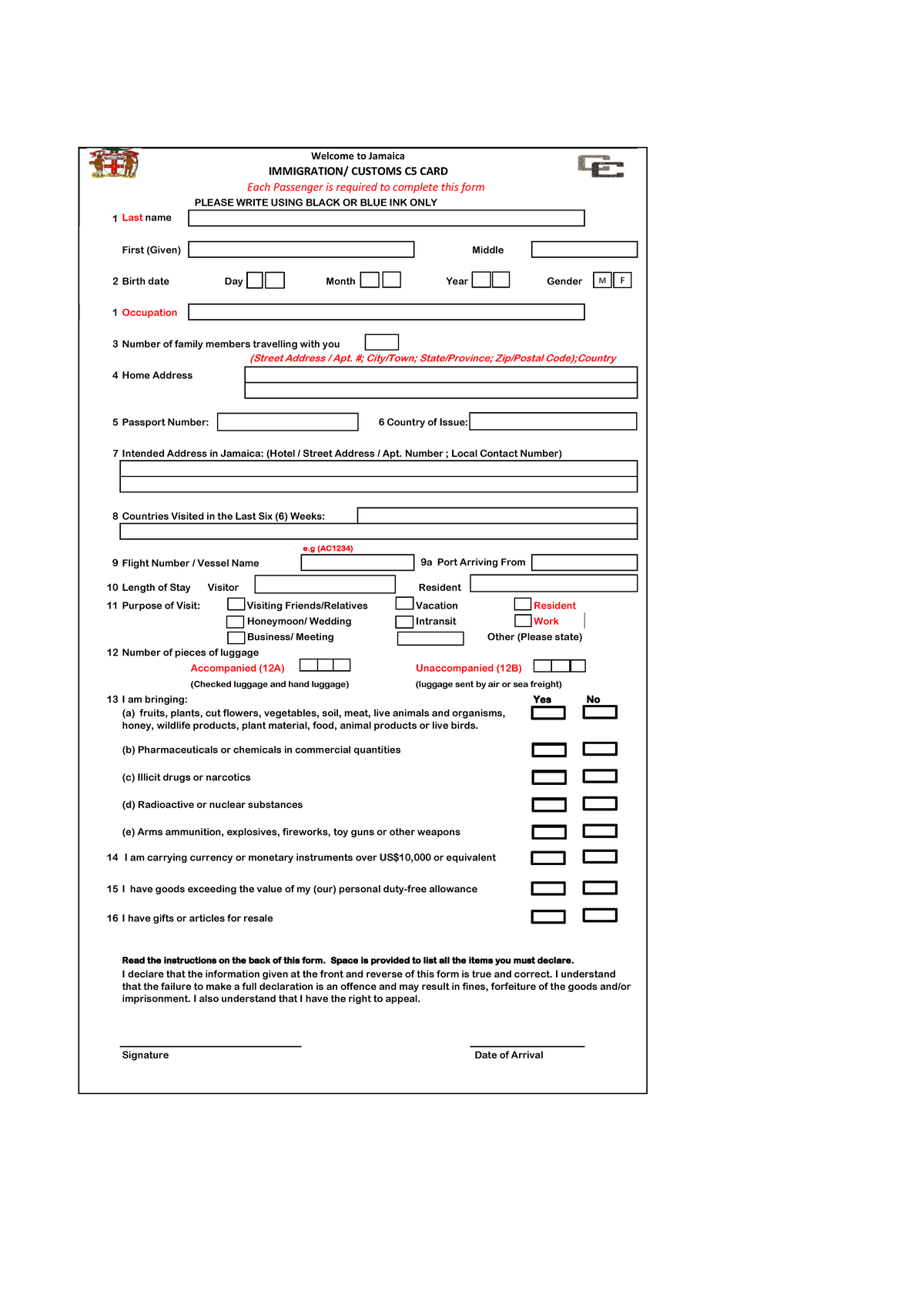 IMMIGRATION CUSTOMS C5 CARD Form for Jamaica Entry - Studocu