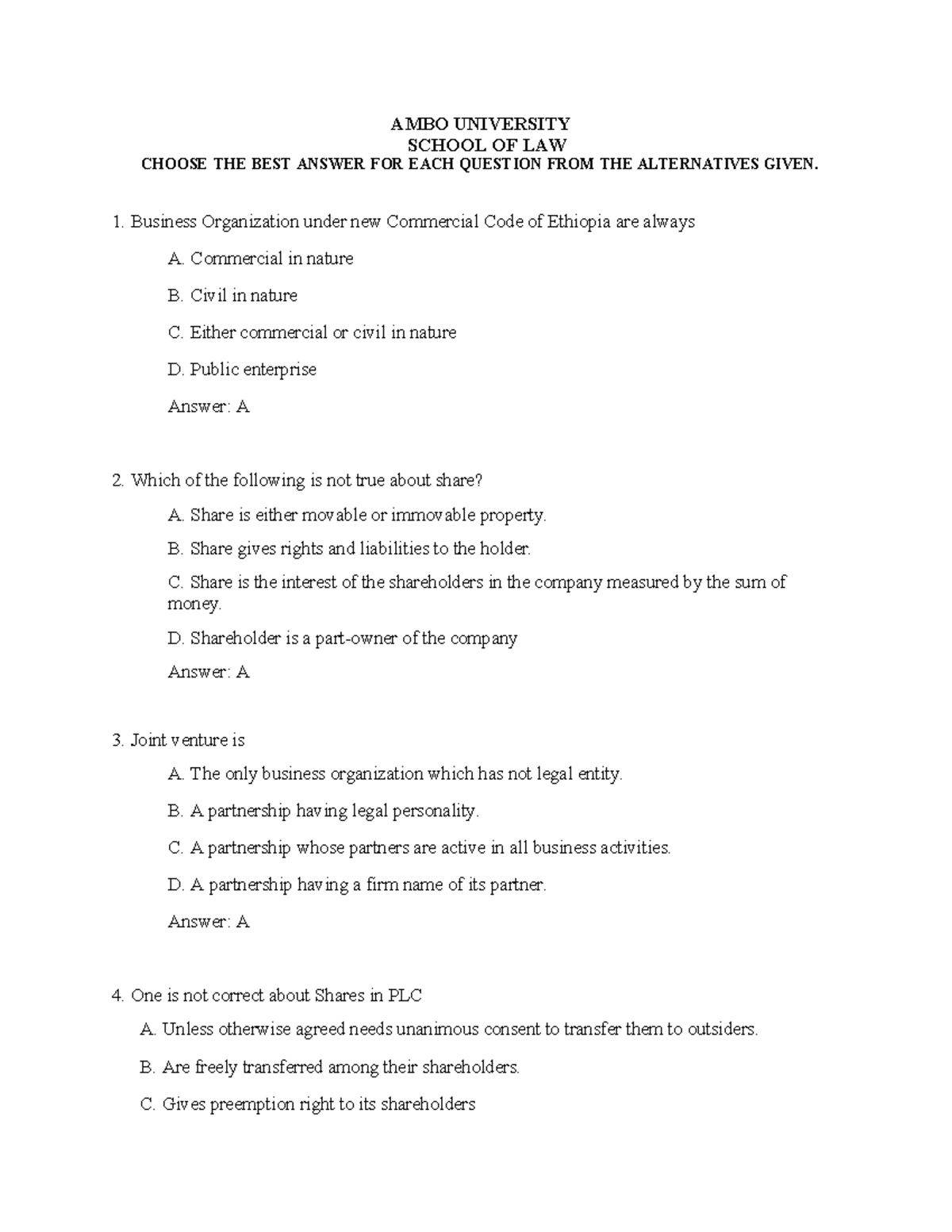 LL.B Model Exit Exam Questions - Ambo University School of Law - Studocu