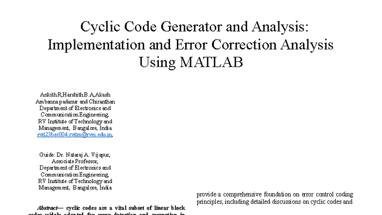 Cyclic Code Generator and Error Correction Analysis Using MATLAB (ECE ...