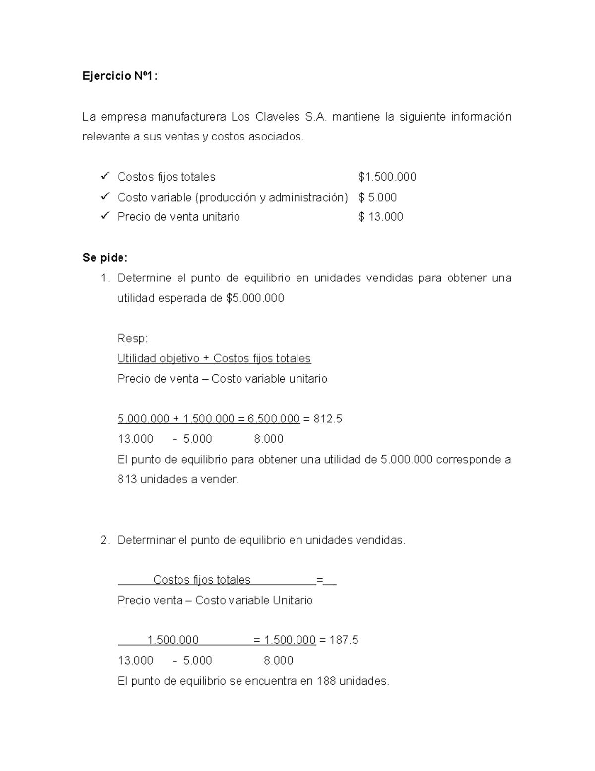 Análisis de Costos y Punto de Equilibrio - Ejercicios 1 y 2 (EC101 ...