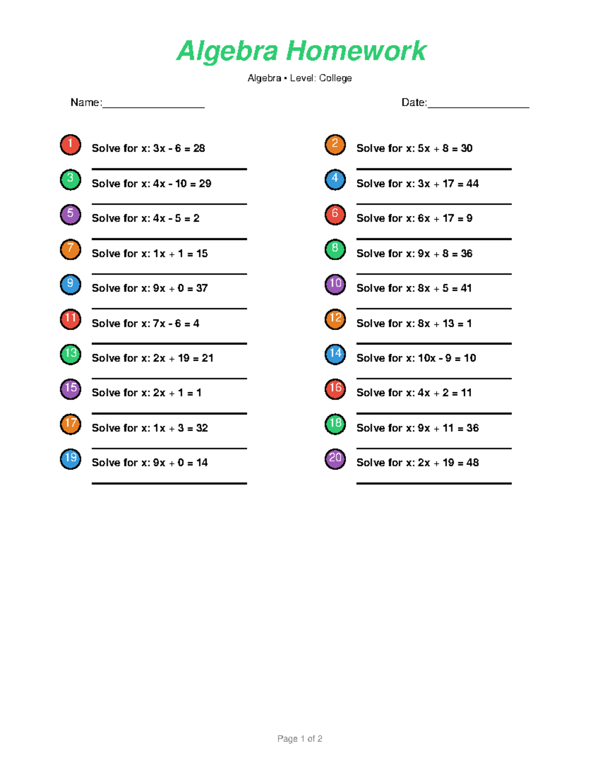 Algebra Homework (College Level) - Solve for x Problems - Studocu