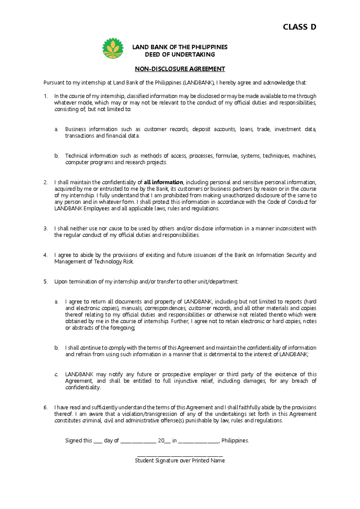 LANDBANK Internship Non-Disclosure Agreement (NDA) - Studocu