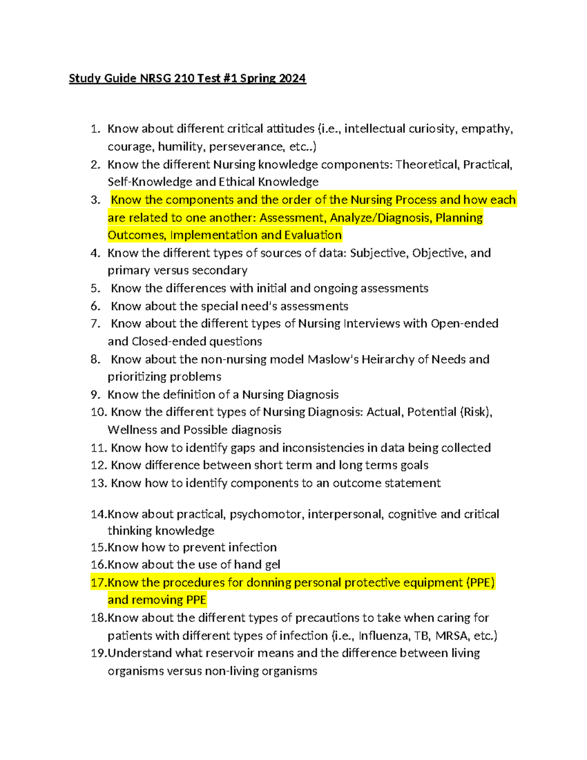 Study Guide NRSG 210 Test #1 Spring 2024: Key Nursing Concepts - Studocu