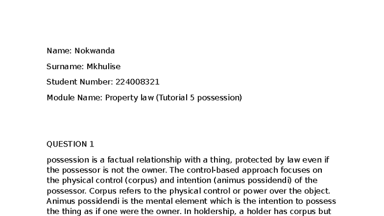 Property Law TUT 5 - Possession and Ownership Analysis - Studocu