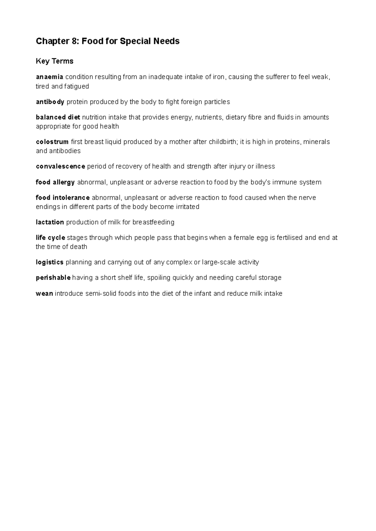 Food Tech Yearly Notes: Chapter 8 - Special Dietary Needs and Key Terms ...