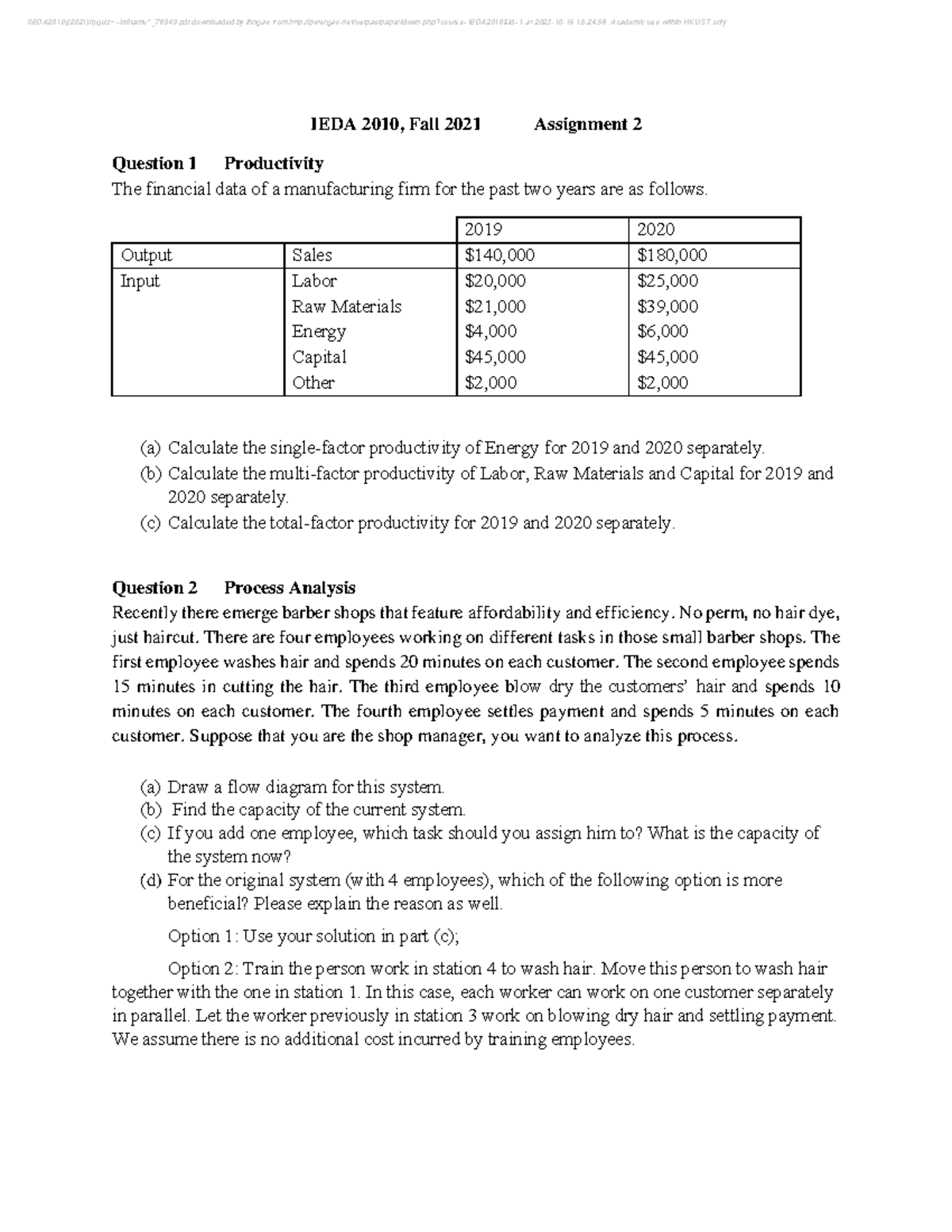 IEDA2010 Fall 2021 Quiz on Productivity and Process Analysis - Studocu