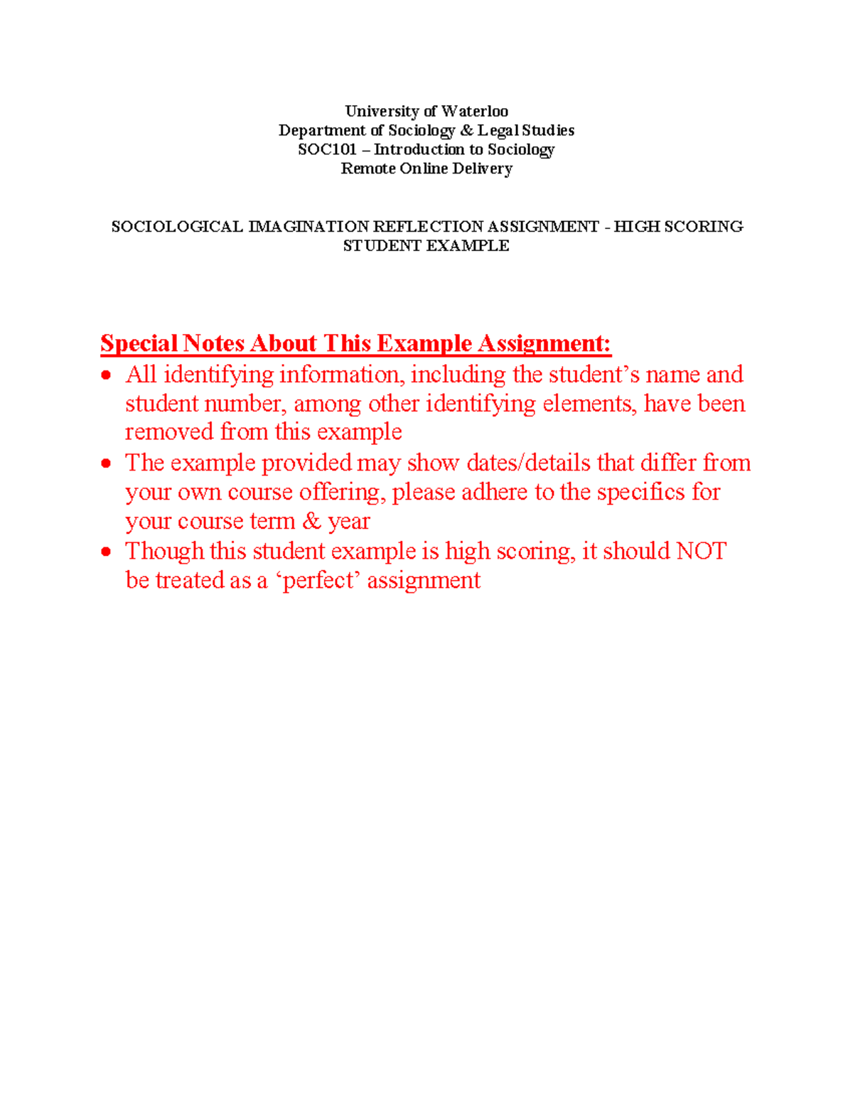 SOC101 - High Scoring Sociological Imagination Reflection Example - Studocu