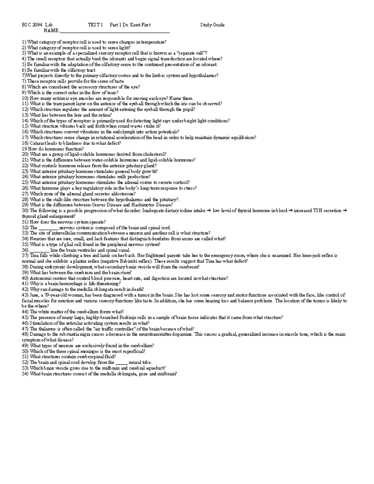 Test 1 Study Guide for BSC 2094 Lab - Fall 2021 - Studocu