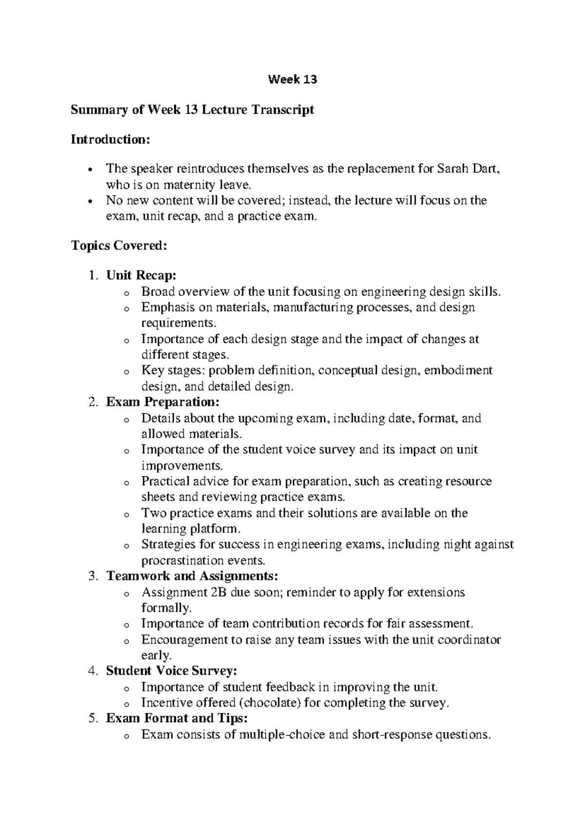 ENG 101 - Week 13 Lecture Summary and Exam Prep Overview - Studocu