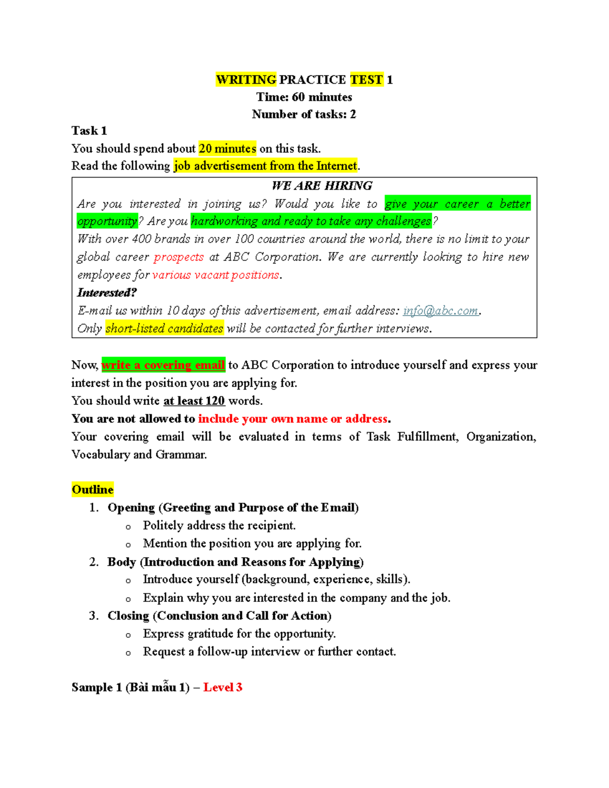 Writing Test 1: Cover Letter & CV Practice for Job Applications - Studocu
