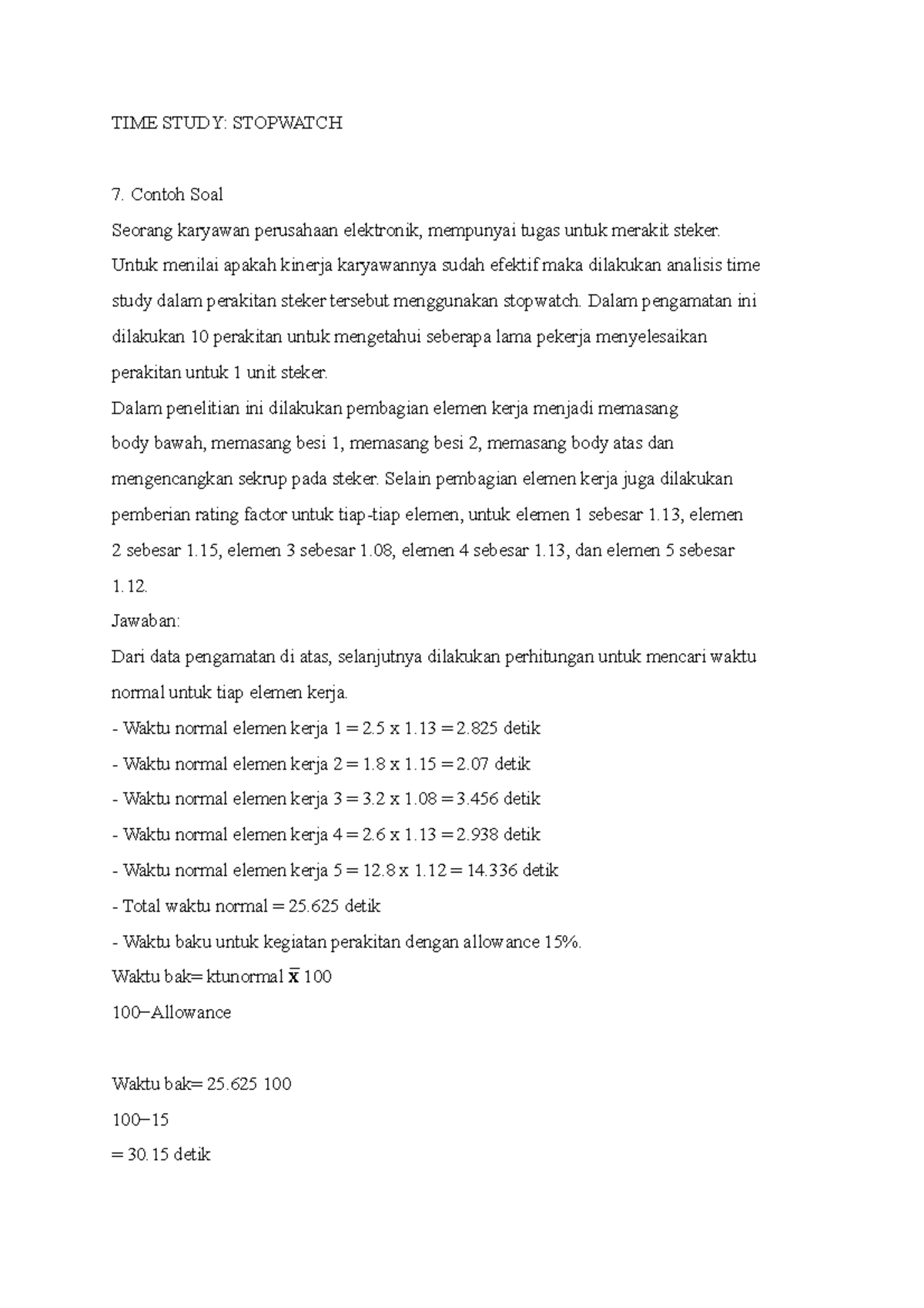 TIME Study Stopwatch 7: Analisis Kinerja Perakitan Steker - Studocu
