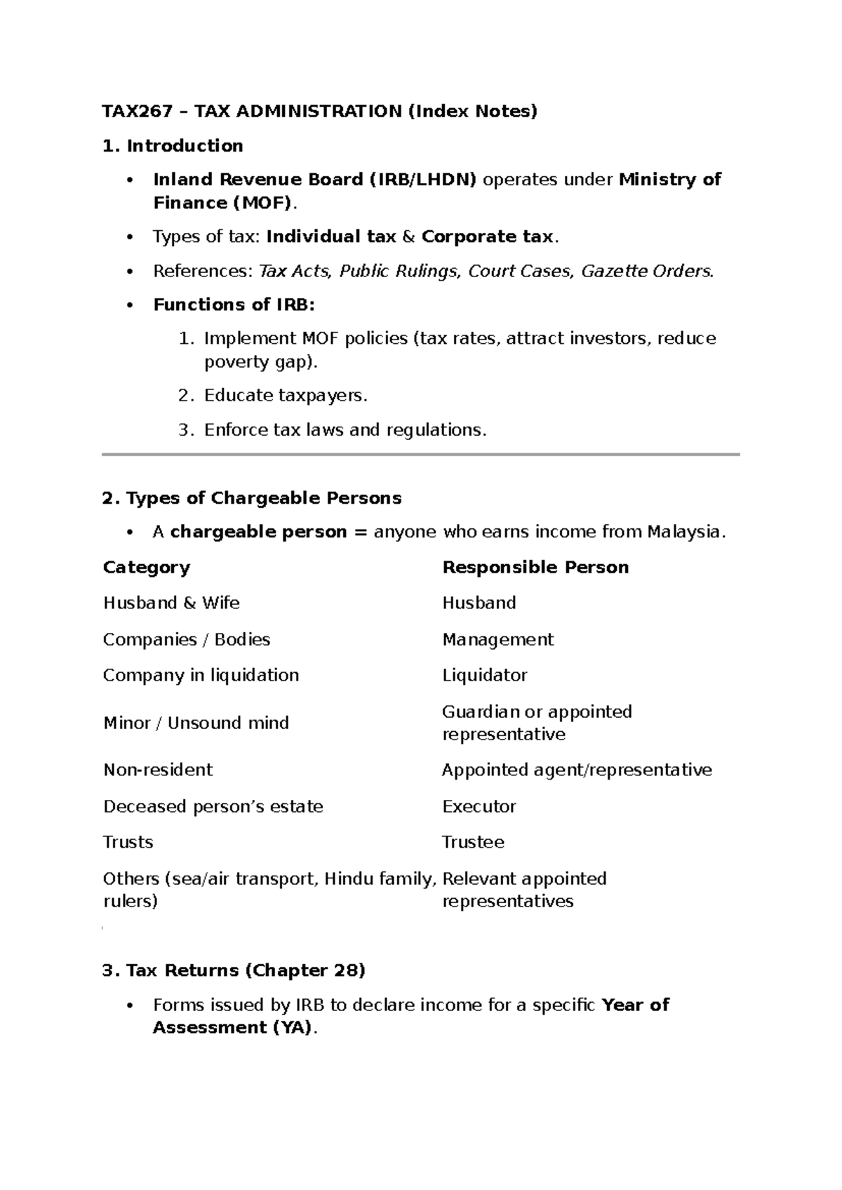 TAX267 Tax Administration Index Notes and Key Concepts - Studocu