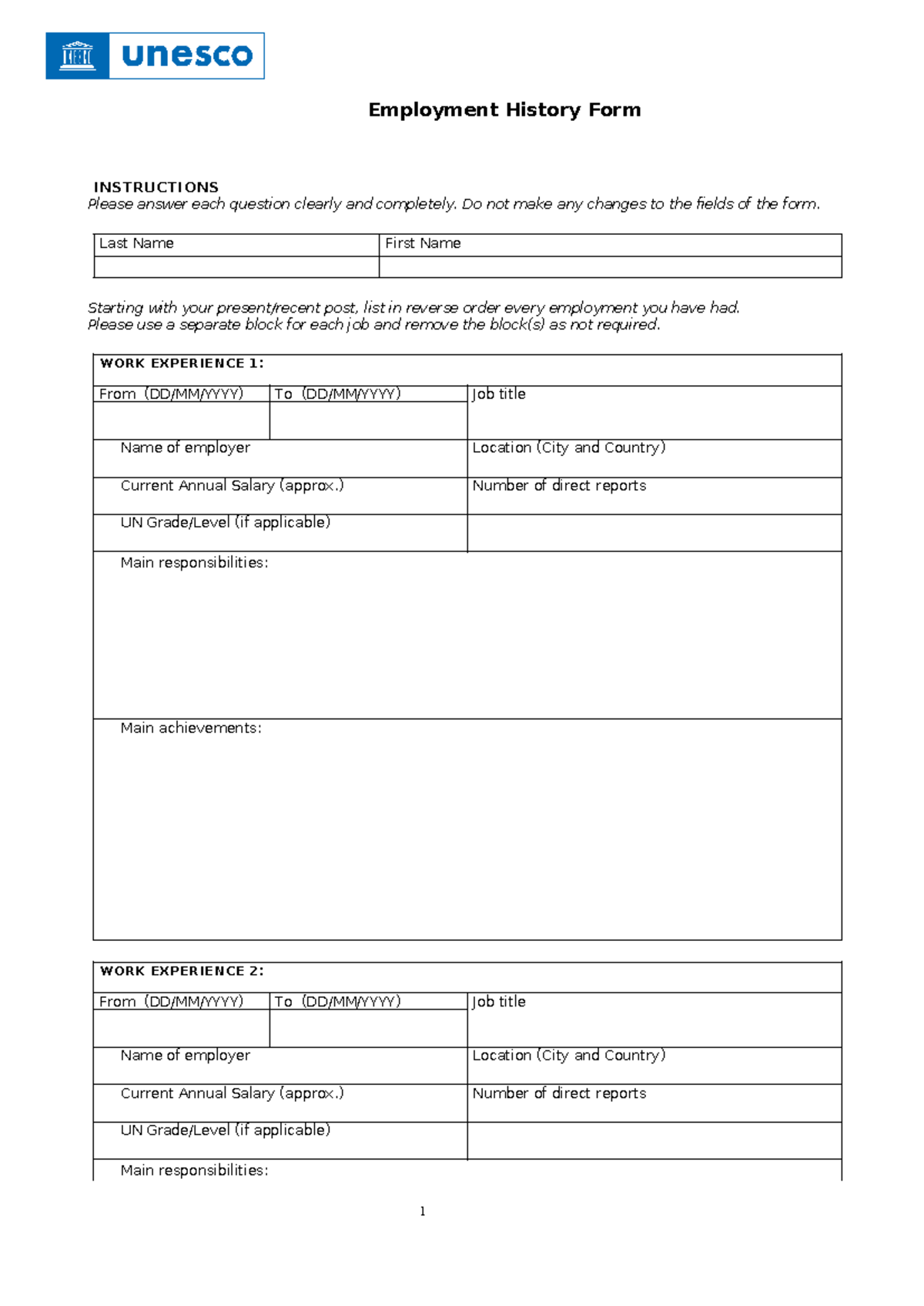 UNESCO Employment History Form Instructions and Guidelines - Studocu