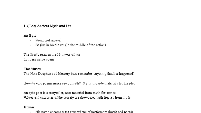 1. (Lec) Ancient Myth and Lit: Exploring The Iliad's Epic Themes - Studocu