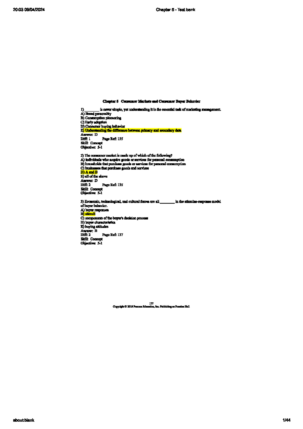 20:03 Chapter 5 Test Bank: Consumer Markets & Buyer Behavior Insights ...
