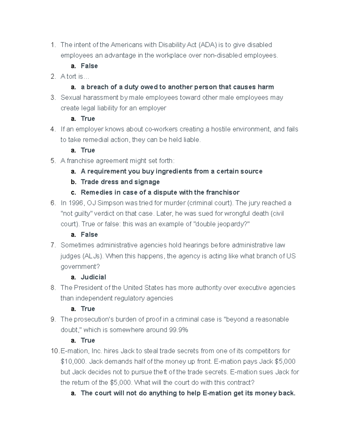 LAW 101: Practice Final Exam Questions Overview and Review - Studocu