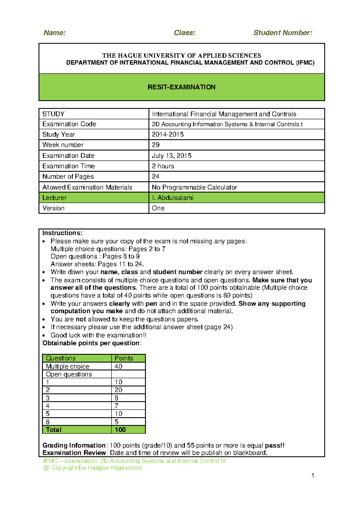 IFMC Resit Examination: 2D Accounting Systems & Internal Control ...