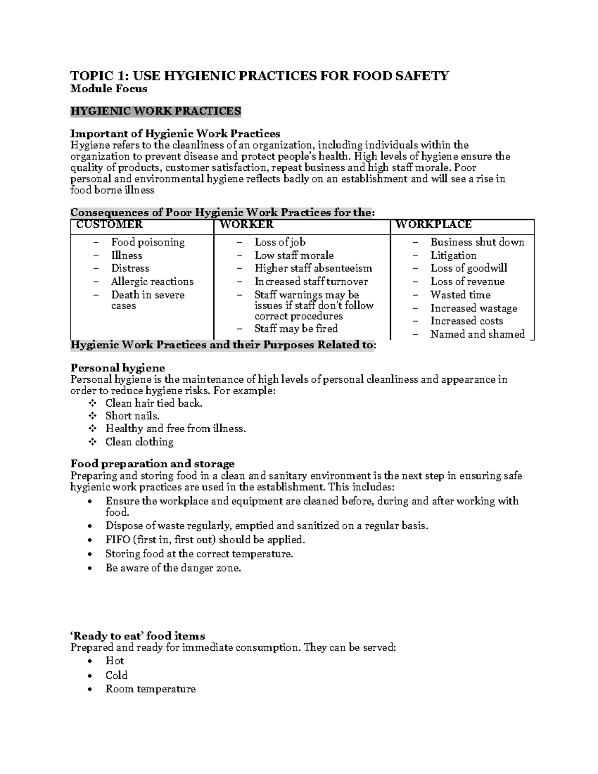 Year 11 HOSPO: Essential Hospitality Safety and Food Practices Notes ...