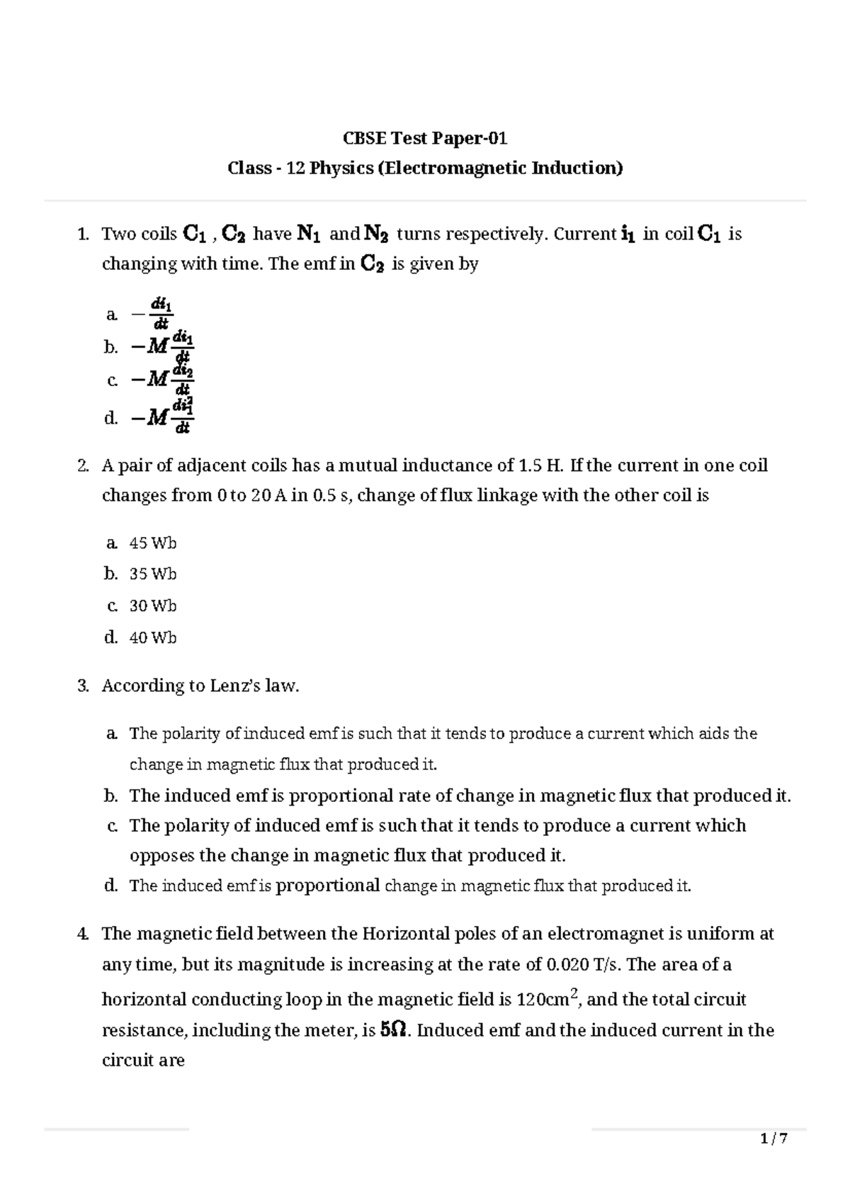 CBSE Test Class 12 Physics: Electromagnetic Induction Study Guide - Studocu