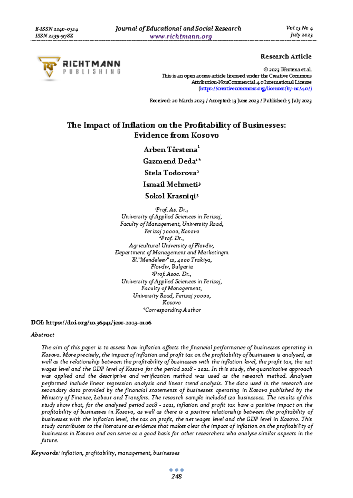 The Impact of Inflation on the Profitability of Bu - E-ISSN 2240- ISSN ...