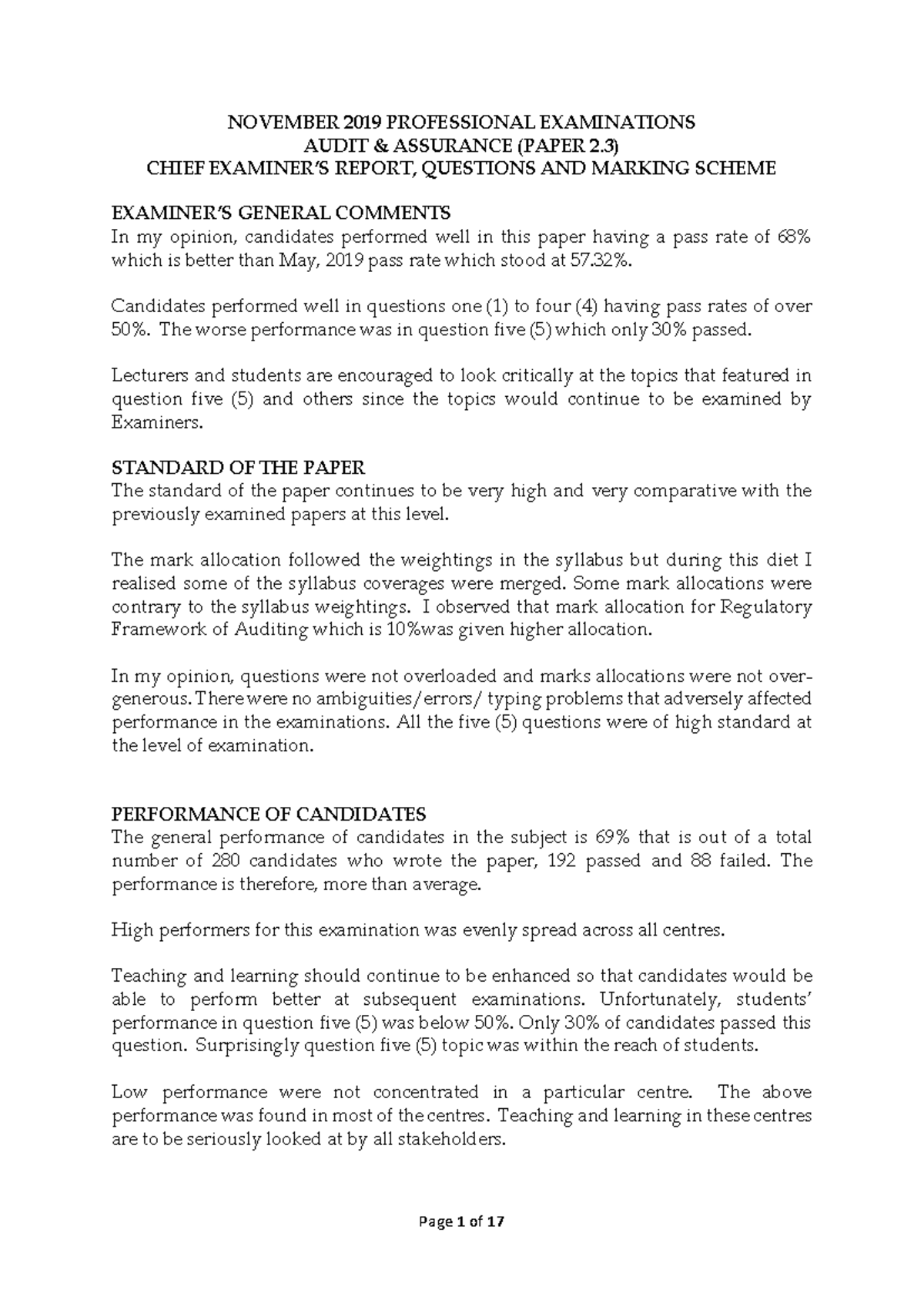 Audit & Assurance Paper 2 - November 2019 Chief Examiner's Report ...