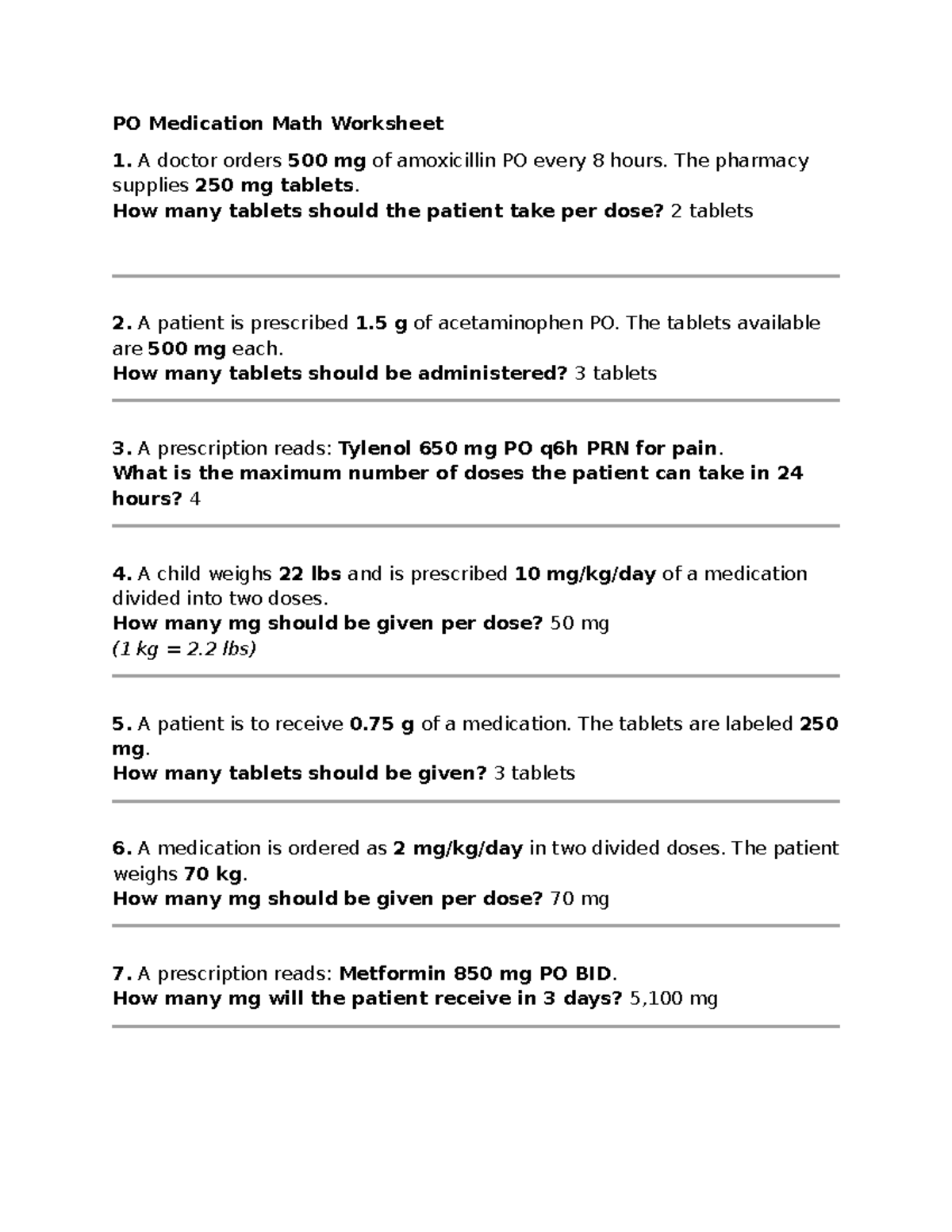 PO Medication Math Worksheet - Week 4 Homework - Studocu