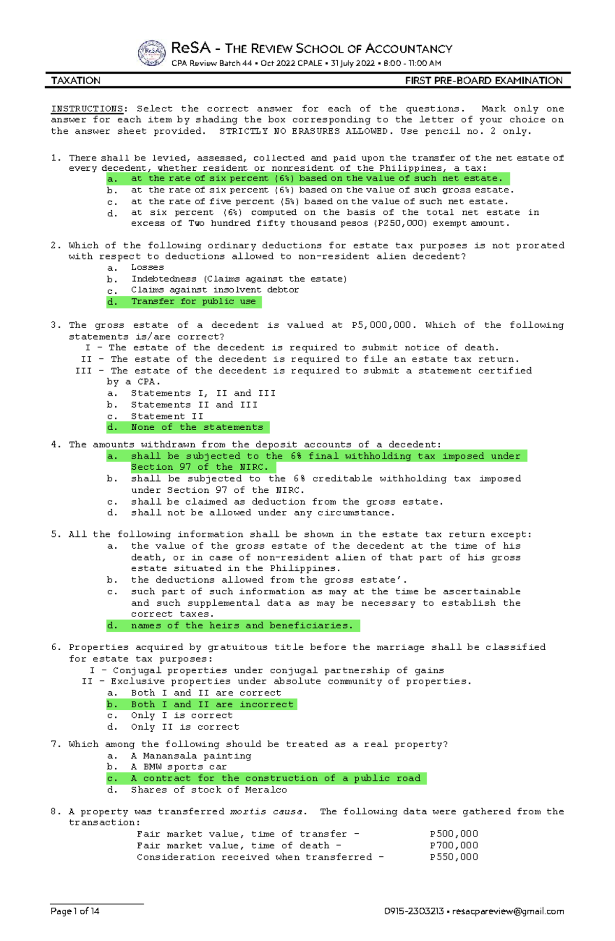 TAXATION ReSA Batch 44 CPALE First Exam Review Notes - July 2022 - Studocu
