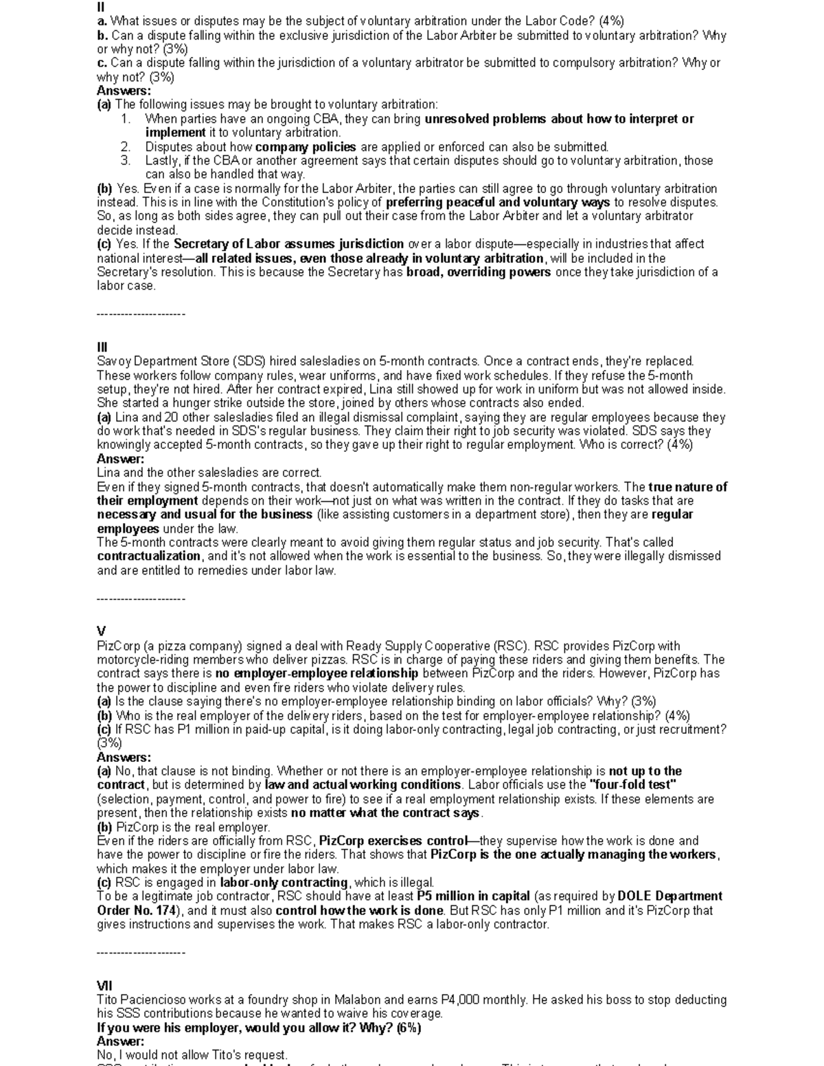 Labor Law Bar Questions and Answers: Key Issues and Case Analyses - Studocu