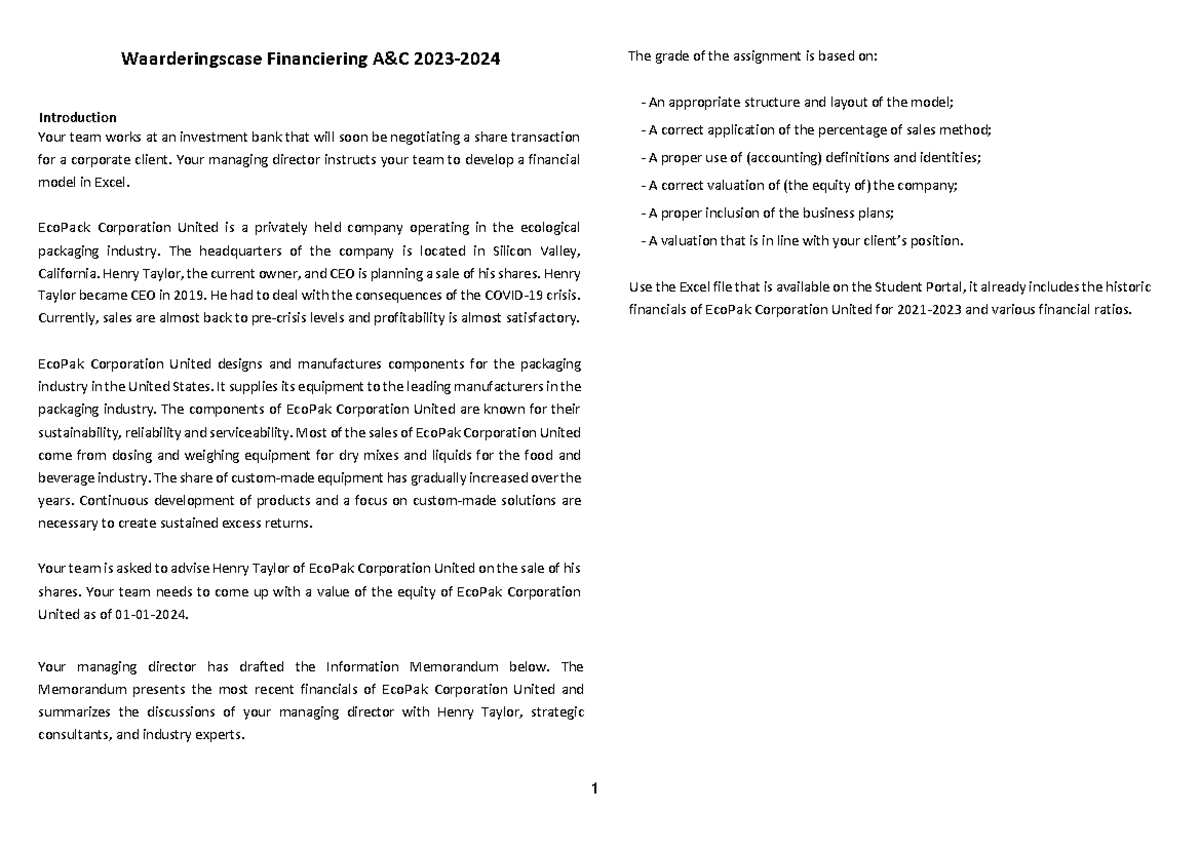 FIN24 - Valuation Case Study: EcoPak Corporation United Analysis ...