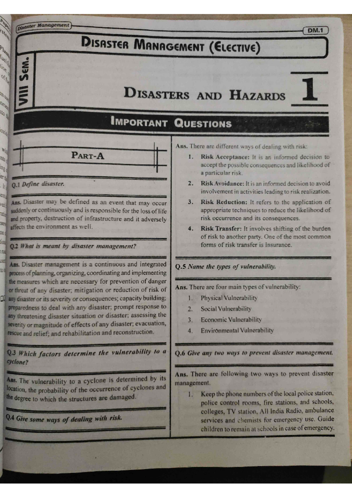 Disaster Management (B.Tech VI & VII Sem.) - Key Concepts & Questions - Document Preview
