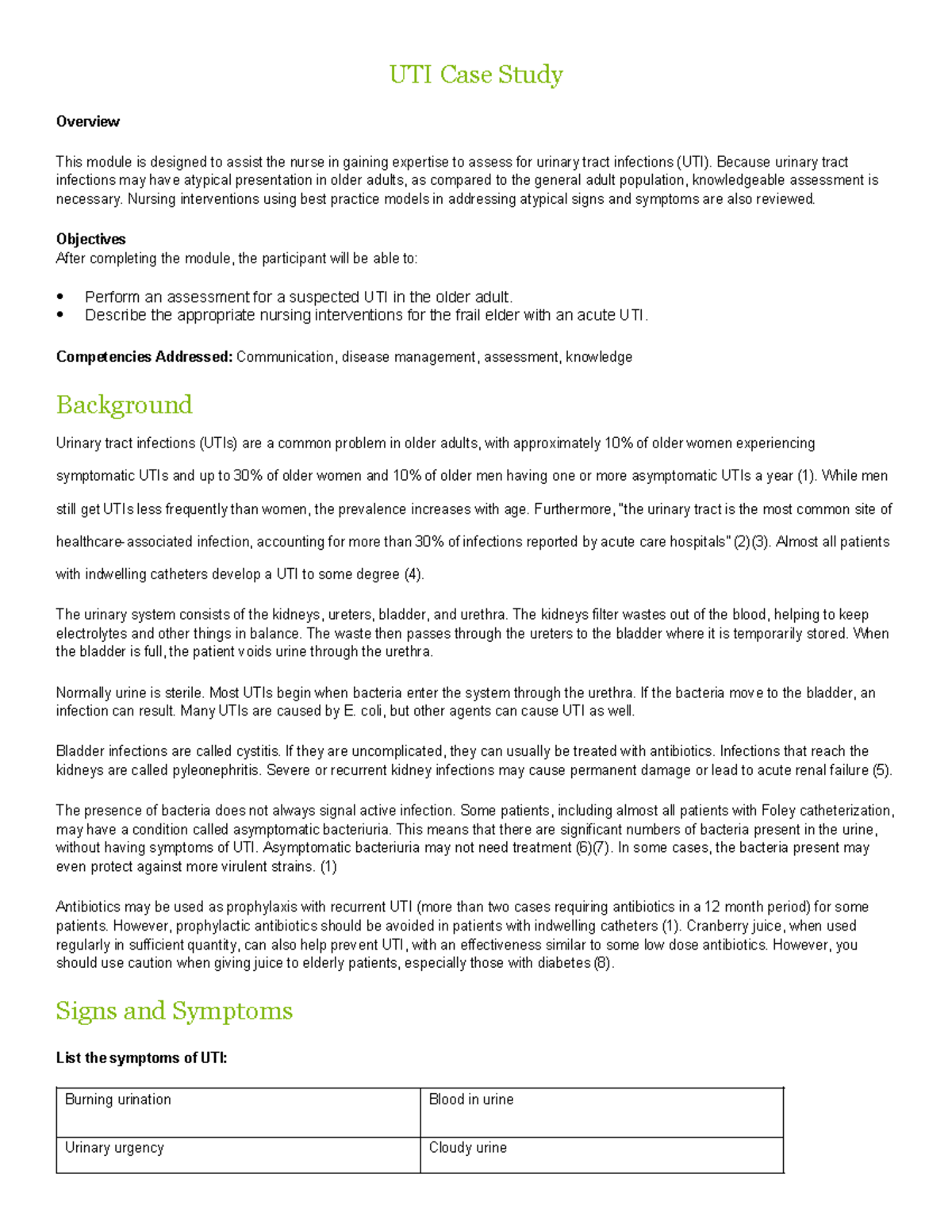 Day 5 Case Study: Assessing & Managing UTIs in Older Adults - Studocu