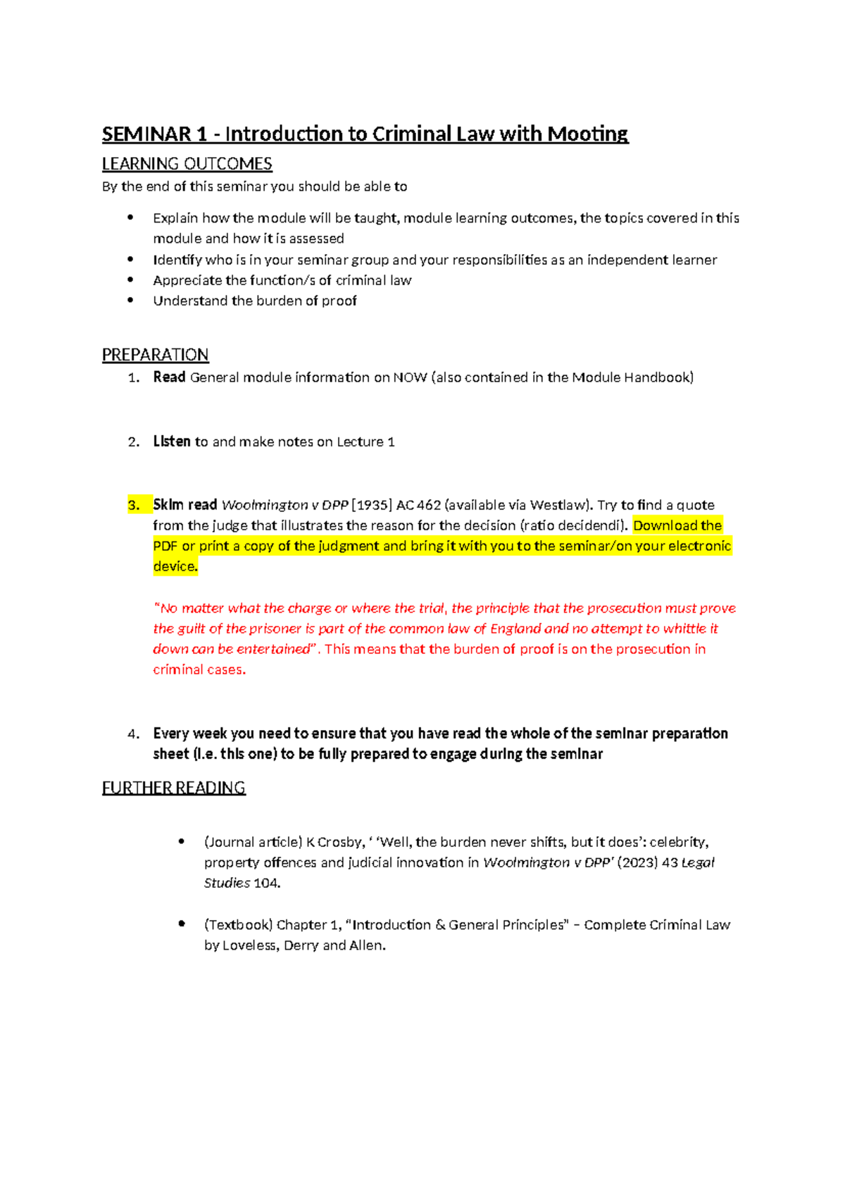 Seminar 1: Intro to Criminal Law & Burden of Proof Overview - Studocu